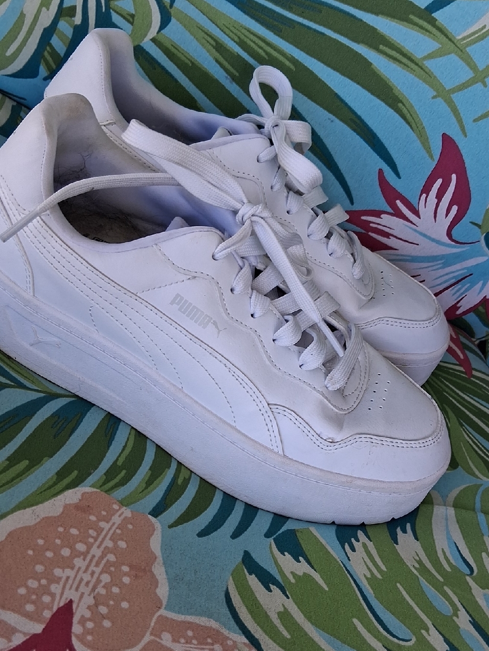 PUMA White Leather Platform Lace-Up Sneakers